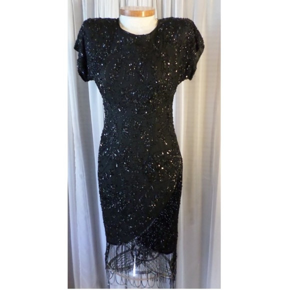 Vintage Silk Dress Fringe 8 Beads Sequins Kazar M - Picture 2 of 8